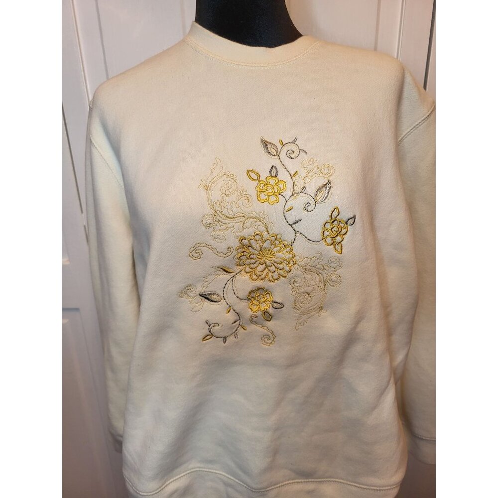 Ivory, Gold, Silver Embroidered Floral Fleece Sweatshirt XL Cozy Comfy Autumn